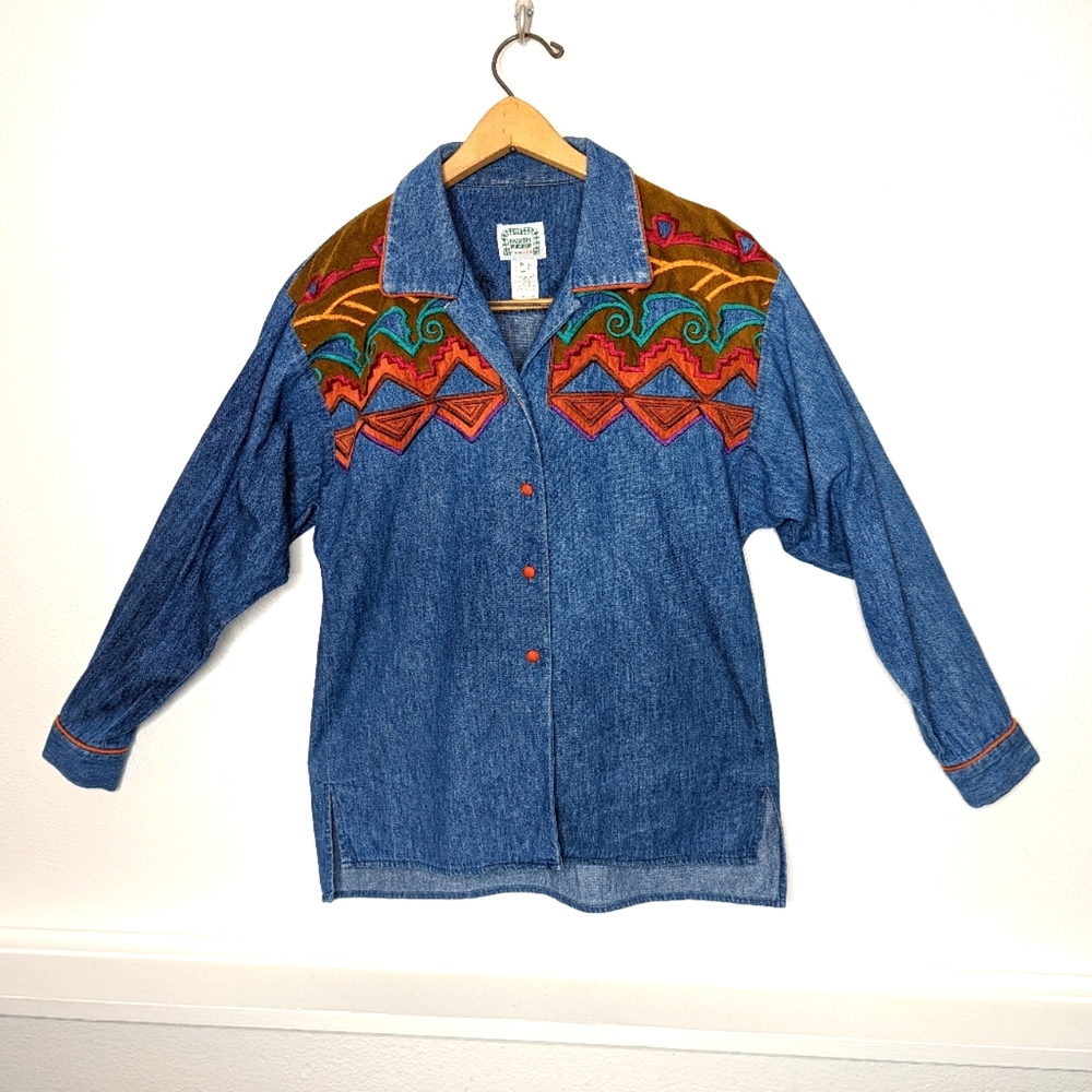 Hairston Roberson  1993 women's embroidery denim shirt Petite